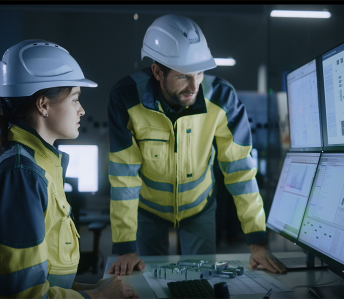 two engineers wearing safety uniform looking at data on a screen