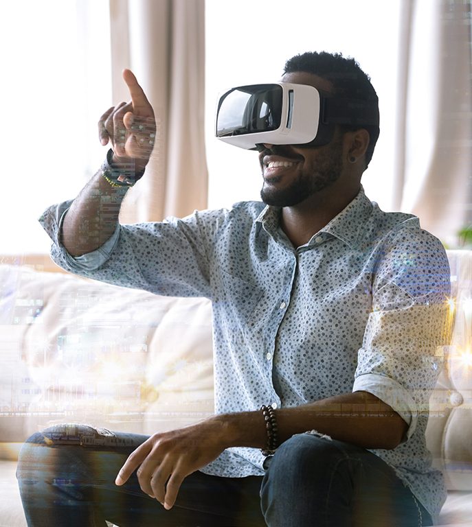 man using a virtual reality headset for training at home